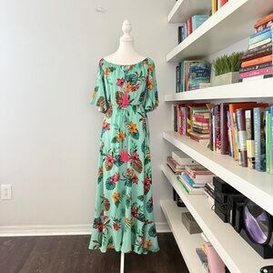 Label OF Love Anthropologie Green Tiered Maxi Dress with Flutter Sleeves medium